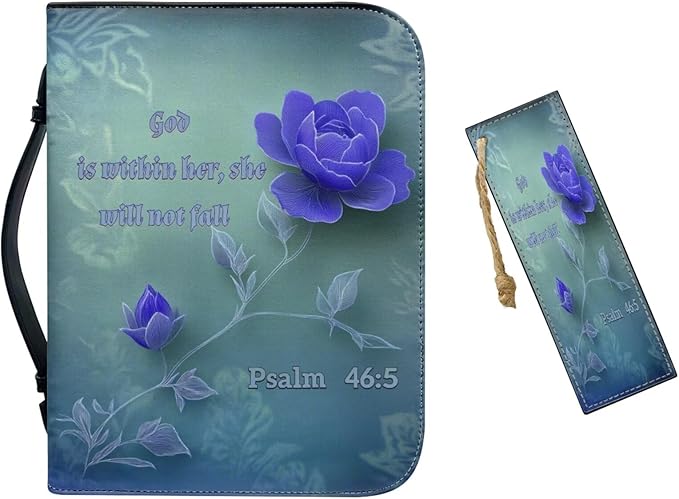 PU Bible Covers for Women Girls Large Bible Case with Handle Bible Bag with Leather Bookmark (Set of 1),Purple Flower Scripture,Medium