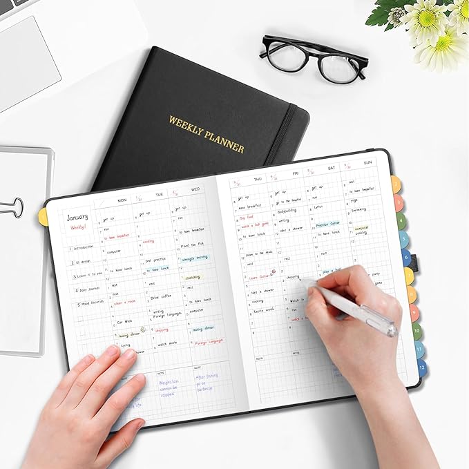 Undated Appointment Book, Hourly, Daily, 52 Weekly & 12 Monthly Planner, 6 AM - 8 PM, Medium Size (5.7" x 8.3"), Leather Hardcover, 12 Self-adhesive Monthly Tabs (Black)