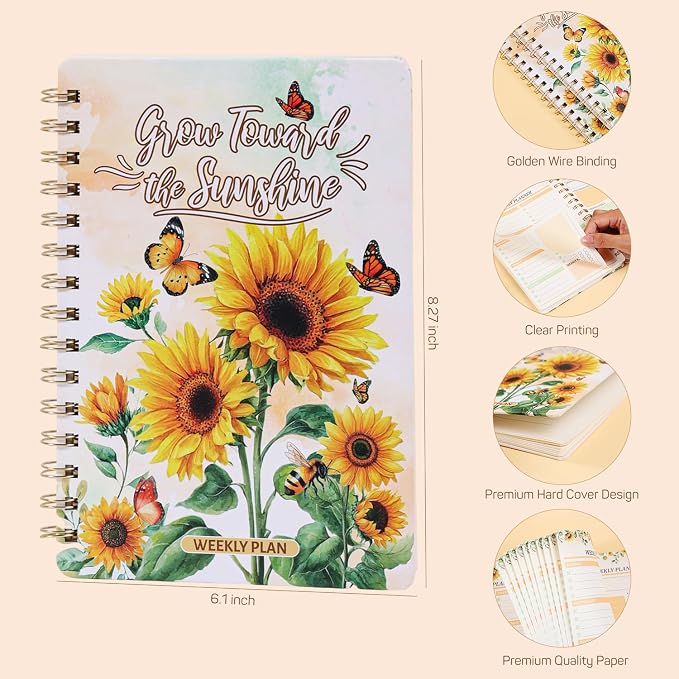 Sunflower Weekly Planner Hardcover - 52 Weeks Undated Daily Schedule Organizer with Personal Info Page & Perpetual Calendar, Floral Planning Notebook Gift for Women & Students, Office Home Planning