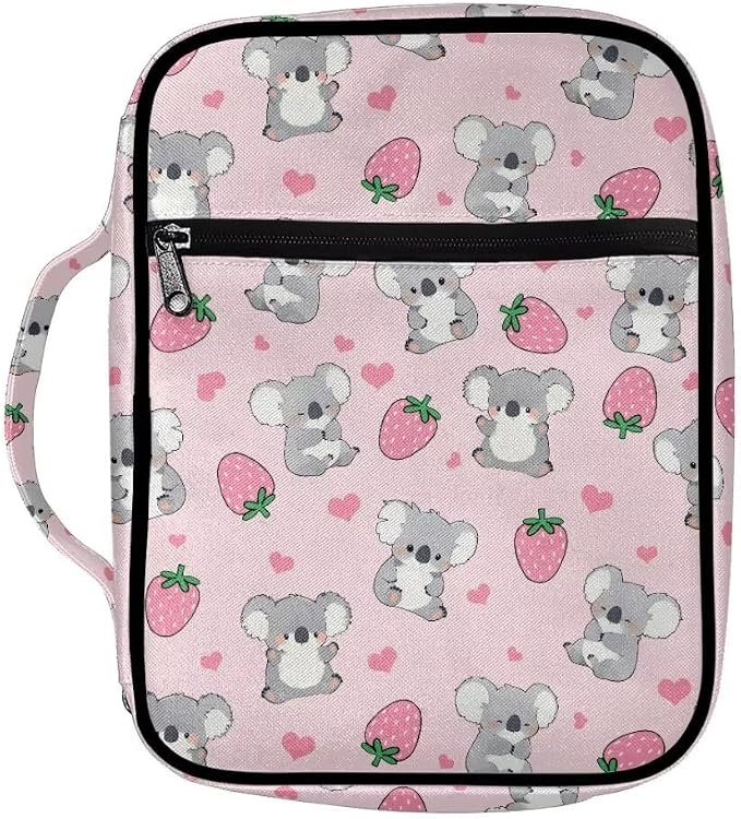 Coldinair Koala Bible Cover for Women Teens Kid Girls,Strawberry Carrying Book Case Church Bag Bible Holder with Handle and Zippered Pocket,Pink
