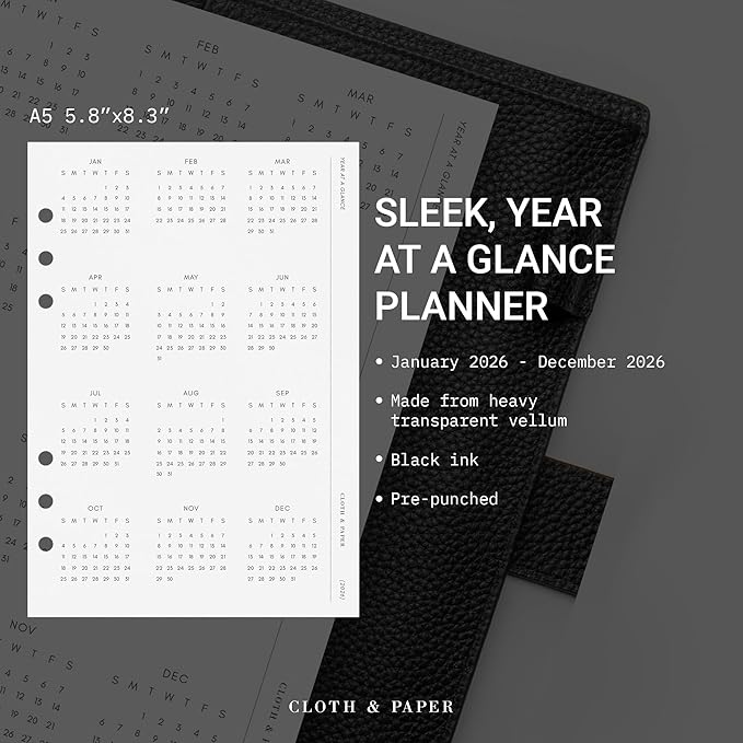 Cloth & Paper 2026 Year At A Glance Planner Single Page Dashboard | A5 Size 6 Hole Punch, 5.8 x 8.3 Inches | Transparent Vellum, Pre-Punched, Fits A5 6 Ring Agenda, Durable and Elegant Annual Insert