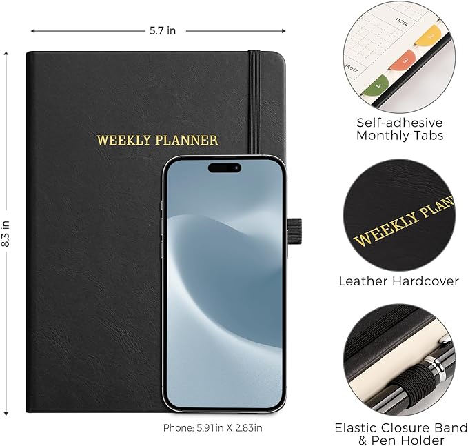 Undated Appointment Book, Hourly, Daily, 52 Weekly & 12 Monthly Planner, 6 AM - 8 PM, Medium Size (5.7" x 8.3"), Leather Hardcover, 12 Self-adhesive Monthly Tabs (Black)