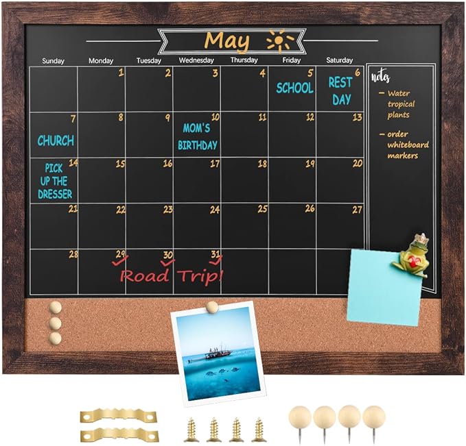 Chalkboard Calendar and Bulletin Combo Board. 13" x 17" Brown Wooden Frame，Magnetic Chalkboard.Perfect for Office, Home School Message Board，HBZHB-BN3442-US