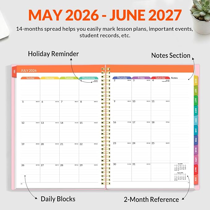 SUNEE Teacher Planner 2026-2027 Academic Year, Lite Lesson Planner Book with 7 Periods Jul 2026 - Jun 2027, 8.5"x11" Daily Weekly and Monthly Organizers, Plan Book with Pocket Folder, Color Tabs,Pink