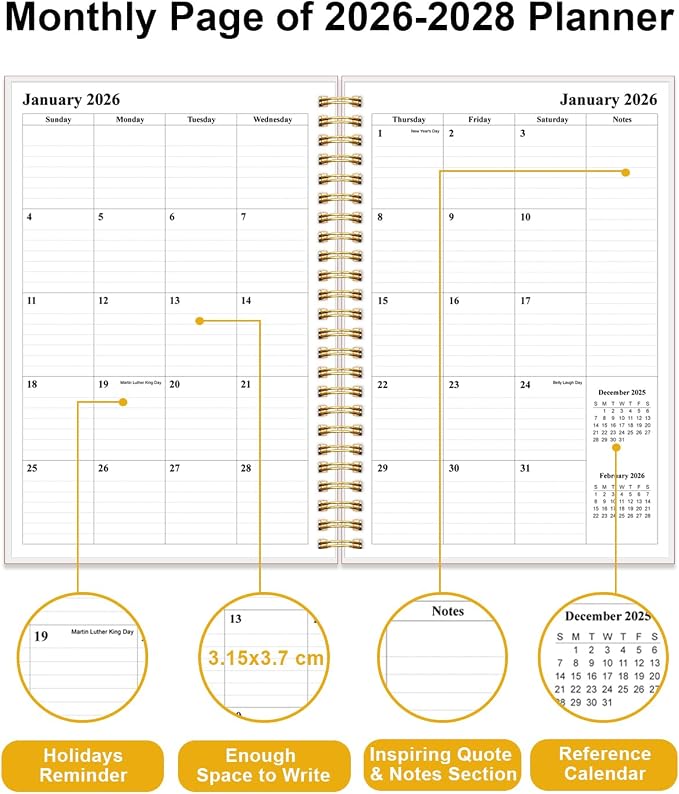 2026-2028 Monthly Planner, 3 Years Calendar from April 2026 - December 2028 with Spiral Binding, Inner Pocket, Elastic Closure, 33 Month Planner for Home | School | Office, 5.8" x 8.5", Pink