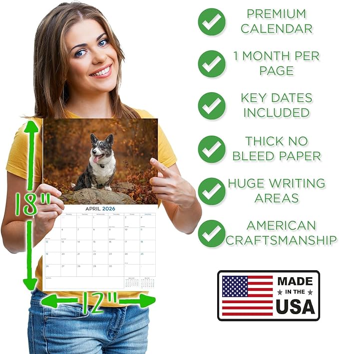2025 2026 Corgi Calendar - Dog Breed Monthly Wall Calendar - 12" x 18" Open - Thick No-Bleed Paper - Giftable - Academic Teacher's Planner Calendar Organizing & Planning - Made in USA
