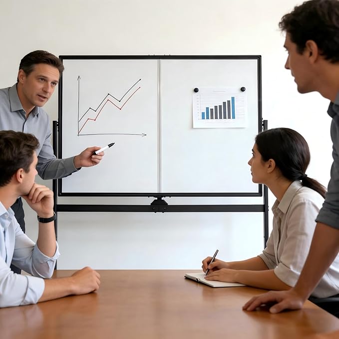 Mobile Whiteboard 48” × 32” with Rolling Stand, Double Sided Dry Erase Board on Wheels, Adjustable Height & 360° Rotation, White Frame for Office Classroom Home