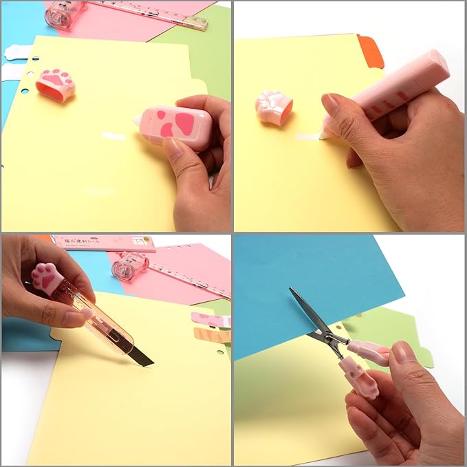9 Pcs Cute Cat Paw Stationery Set Pencil Sharpener Retractable Eraser Correction Tape Sticky Notes Ruler Mini Scissors Utility Cutter School Office Supplies (Pink1)
