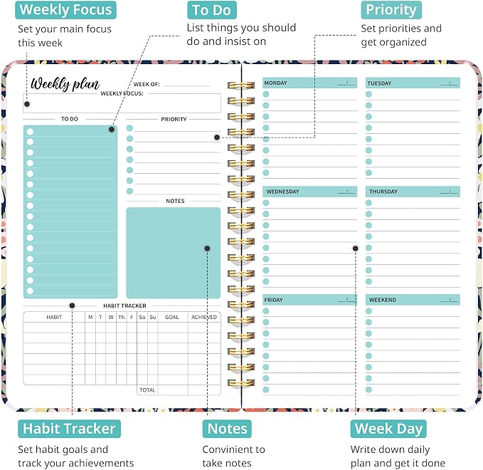 Taja Undated Weekly Planner, Weekly To Do List Notebook with Goal & Habit Tracker Organizer, A5 Weekly Planner Notebook with Spiral Binding, 6.1" x 8.2" - Petite Blooms