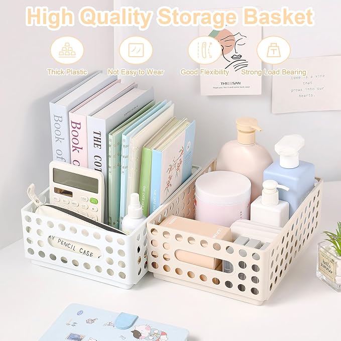SAYEEC 2 Pack Mini Foldable Plastic Baskets for Organizing Collapsible Crate with Handle Stackable Storage Bin Small Storage Container Box Caddy Desk Drawer Organizer for Home Office Classroom (White)