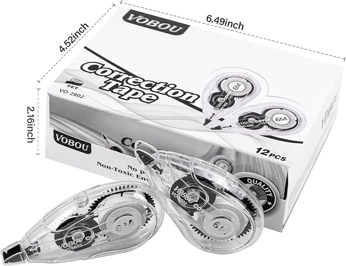 Vobou Correction Tape Dispenser, Easy To Use Applicator for Instant Corrections, For school, Office (White, 12pack, 6M/256, Tape Width 0.2in)
