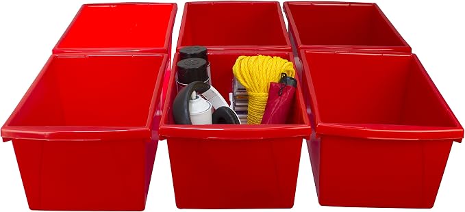 Storex 5.5 Gallon Storage Bin – Plastic Classroom Organizer for Books and Supplies, Red, 1-Pack (61483C06C)