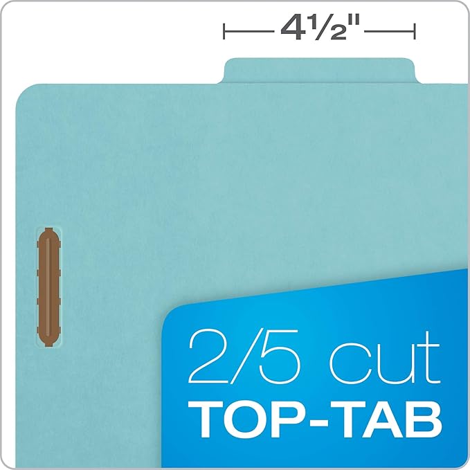 Pendaflex Pressboard Classification File Folders, 3 Dividers, 2" Embedded Fasteners, 2/5 Tab Cut, Letter Size, Light Blue, Box of 10 (24094), Specialty