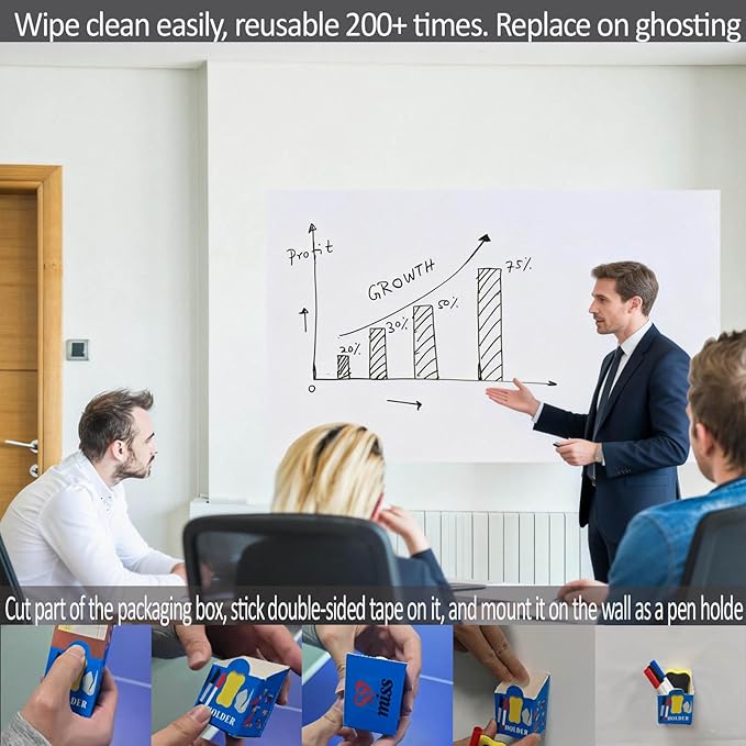 17.3"x157.5" White Board Paper Roll - Dry Erase Board Alternative,No Glue Static Cling White Board Sticker for Wall, Glass, School & Office | Easy-to-Install Portable Dry Erase Paper