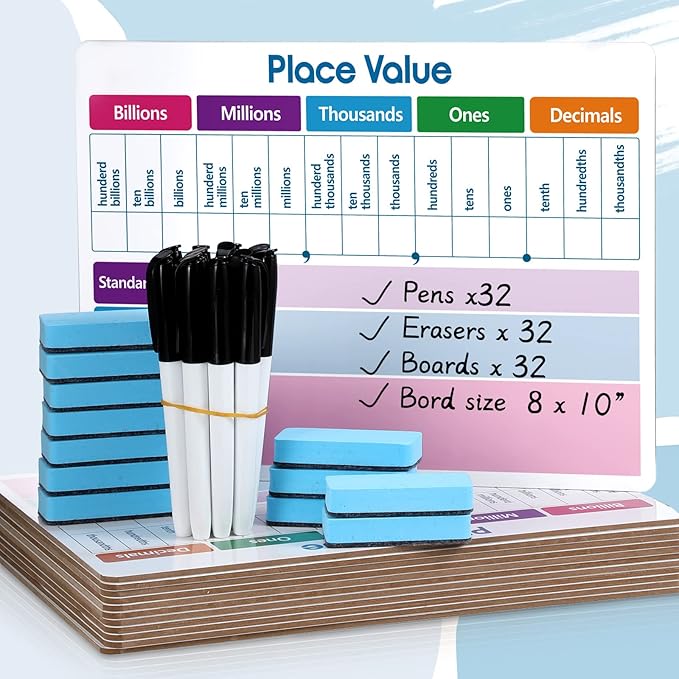 Qeeenar 12 Set Dry Erase Place Value Whiteboard with Markers and Eraser, 9 x 12 Inch Double Sided Dry Erase Board for Teaching Place Values, Math White Board for Kids Student