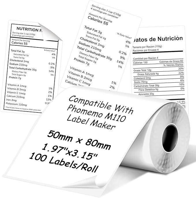 Thermal Labels Compatible with Phomemo M100/M110/M150/M221/M220/M120/M200/M250 Label Printer,1.97''x3.15''(50x80mm), 100 Labels/Roll, Black on White