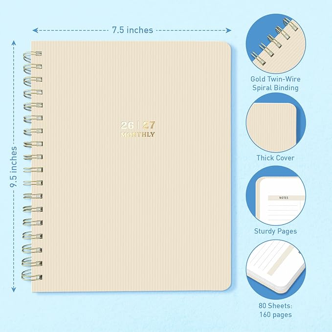 Sweetzer & Orange 2026-2027 Monthly Planner Notebook – 7.5" x 9.5" Two-Year Calendar Planner – January 2026 to December 2027 – Clean Monthly Layout, Sturdy 120gsm Paper, Gold Spiral Binding