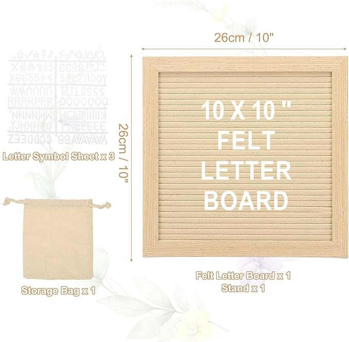 PATIKIL Felt Letter Board, 10x10Inches Khaki Wooden Changeable Message Board with Storage Bag Stand for Kitchen Menu Classroom Farmhouse Decor Notes, White Letter
