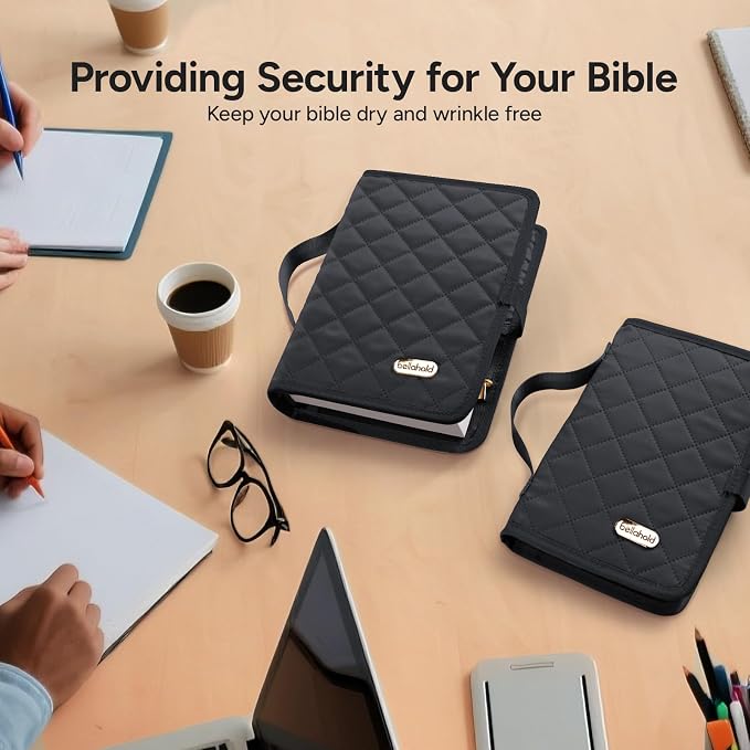 BellaHold Adjustable Bible Cover with 75 Bible Tabs - Bible Cover Case for Women，Waterproof, Washable Quilted Bible Case，Reusable Christian Gifts for Women (Black, S)