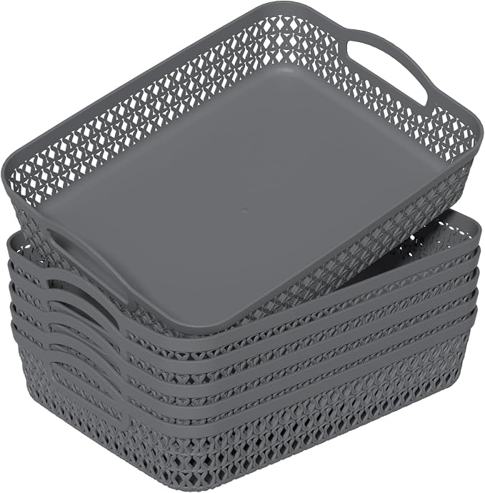 Kekow Plastic Storage Tray Basket with Handle, Set of 6, 13.22" x 10.23" x 2.95", Gray