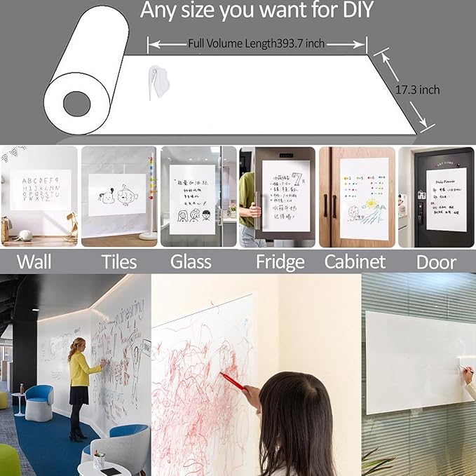 17.3"x393.7" White Board Paper Roll - Dry Erase Board Alternative,No Glue Static Cling White Board Sticker for Wall, Glass, School & Office | Easy-to-Install Portable Dry Erase Paper