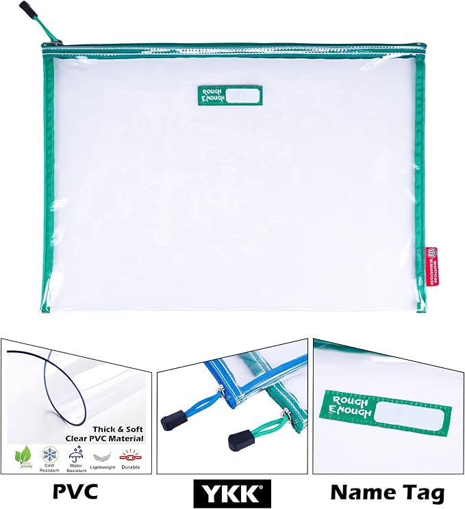 Rough Enough Plastic File Folder Clear Zipper Pouch Bags Document Holder Bag for Organizing A4 Paper Letter Office Teacher Art Supplies Storage