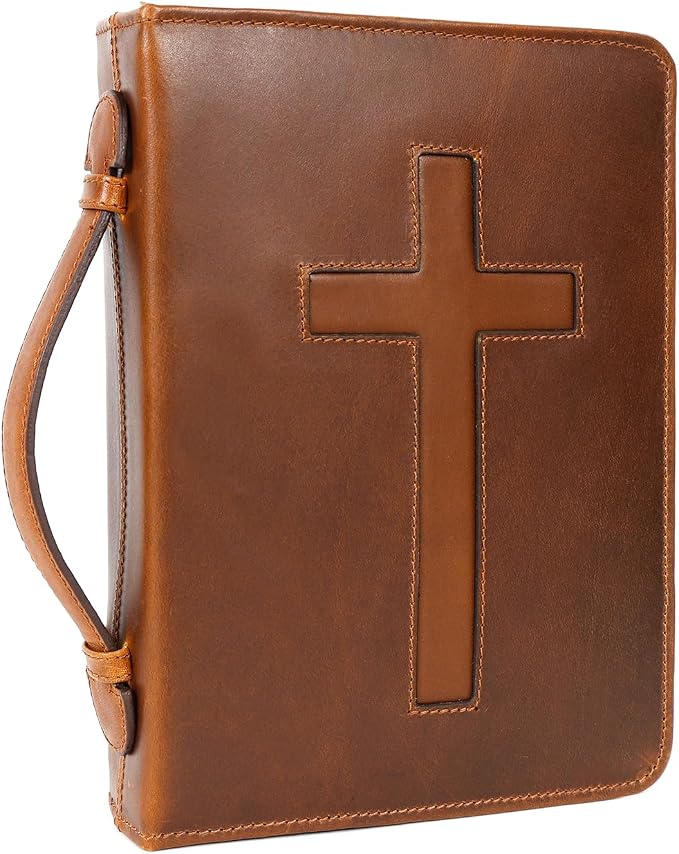 ELIZO Leather Bible Cover Case for Men Women Genuine Leather Bible Bag Holder Cross Large Carrying with Zipper Case Protector Christian Religious Gifts for Mens (Cognac/Tan, Study/Large)