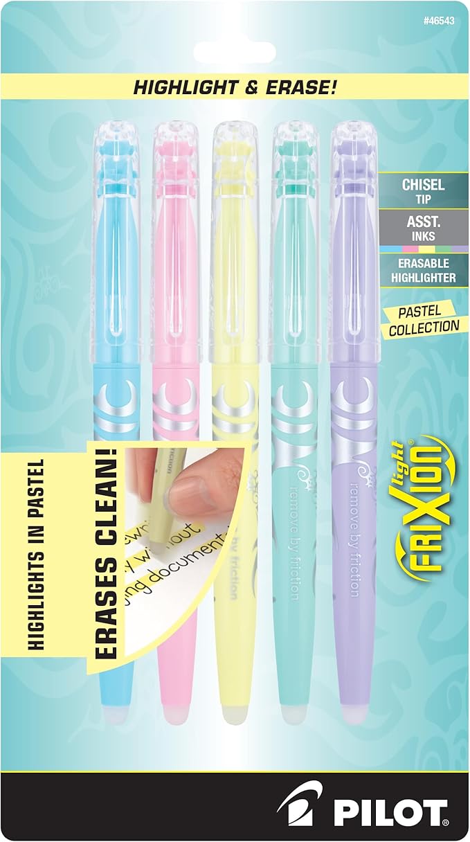 PILOT FriXion Light Pastel Collection Erasable Highlighters, Chisel Tip, Assorted Color Inks, 5-Pack (46543)