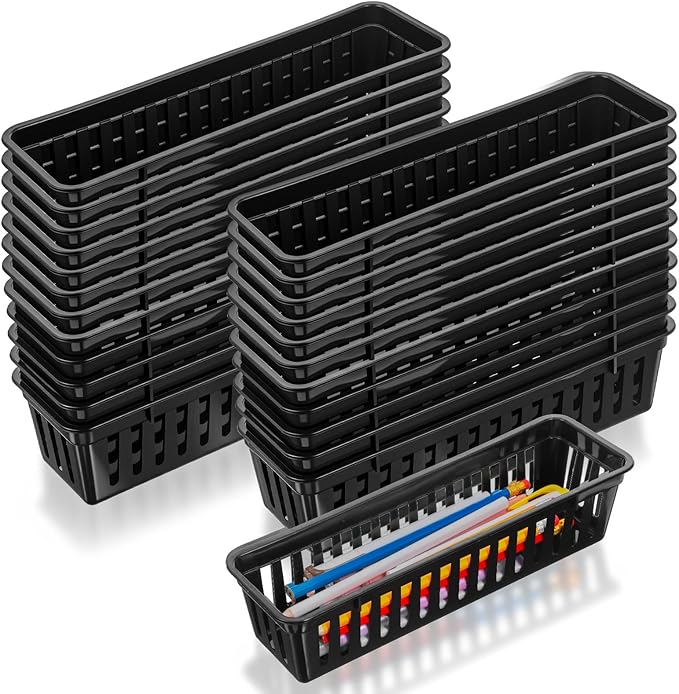 Kifmurase 24PCS Slim Storage Baskets Tray, 10x3x2.4 Inch Flat Plastic Storage Bin, Stackable Narrow Rectangular Desk Drawer Organizer Trays for Makeup Bathroom Kitchen Office Desktop Supplies(Black)