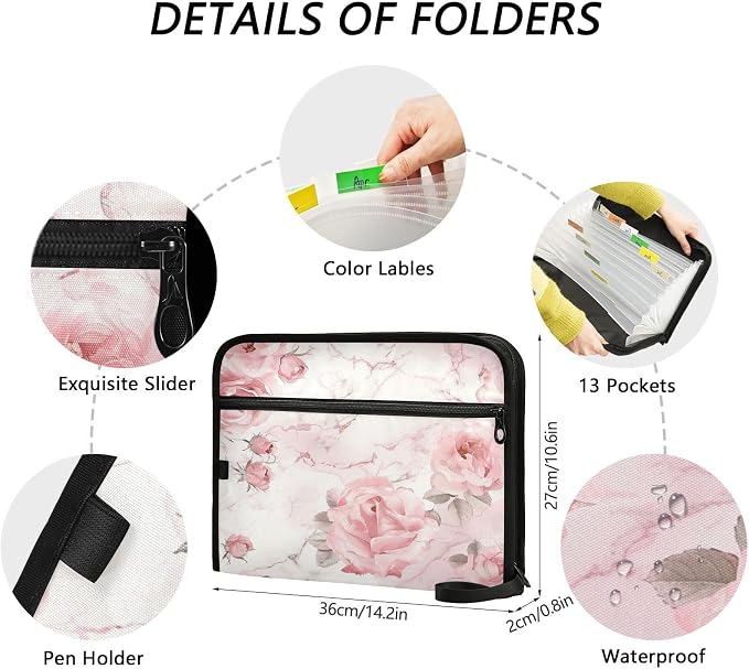 ALAZA Roses Pink White Marble Expanding Filing Folder, 13 Pockets Expandable Document Organizer Folder with Zipper Closure for Home Office A4 Letter Size Paper Document