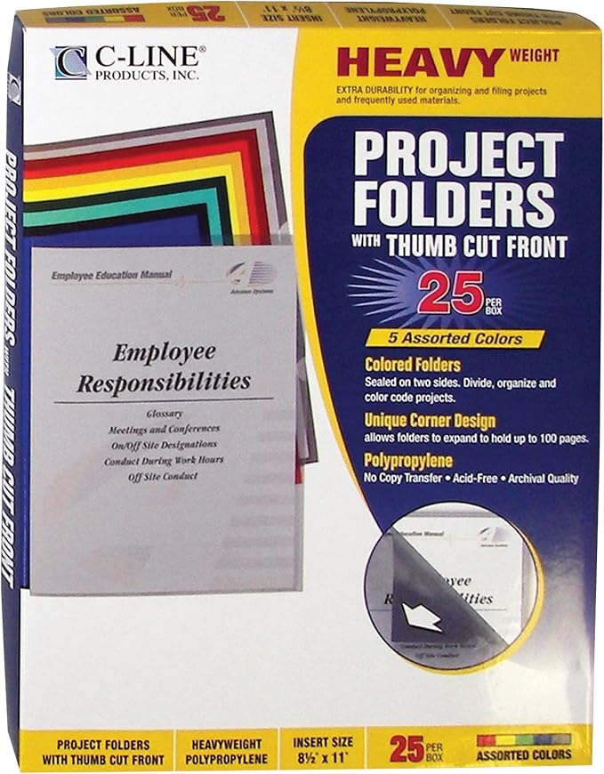 C-Line Colored Project Folders, Heavyweight Poly, Holds Materials up to 8.5 x 11 Inches, Assorted Colors, 25 per Box (62130), Letter Size