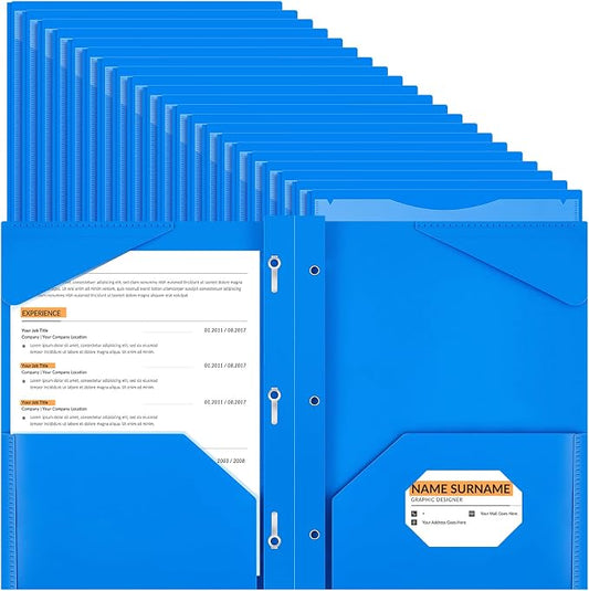 Henoyso 100 Pcs Plastic Folder with Clear Front Pocket and 3 Prong Plastic Folders with Card Slot Pocket Folders with Prongs for School Office (Blue)