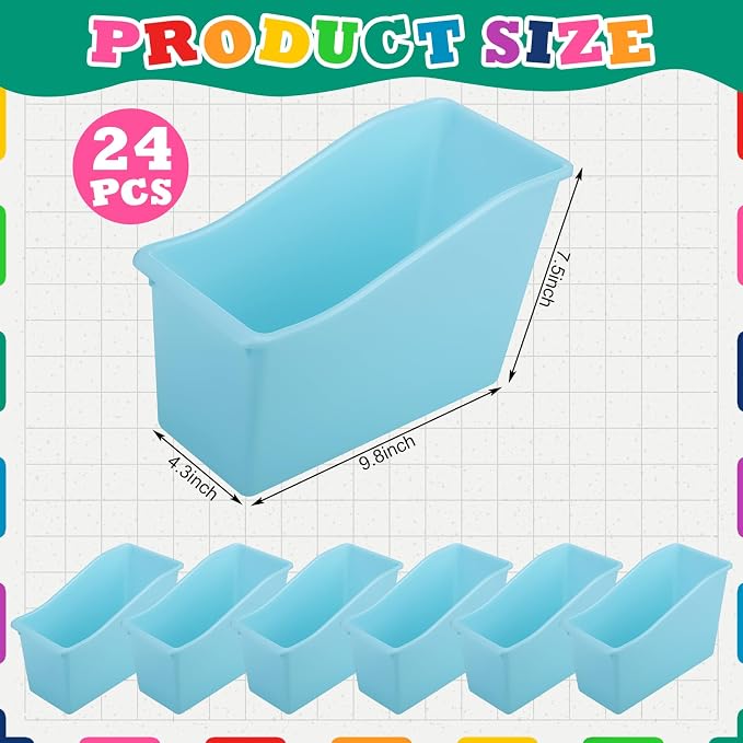 Jinei 24 Pack Waterspout Color Book Bins for Classroom Bulk Binder Holders with Name Labels Plastic Organization Book Baskets Teacher Storage Boxes for Classroom Home Office
