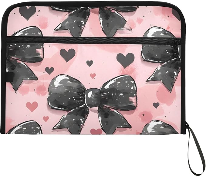 Expanding File Folder Black Bow Heart Pink Accordion File Organizer 13 Pockets Document Organizer with Zipper Labels A4 Letter Office Storage