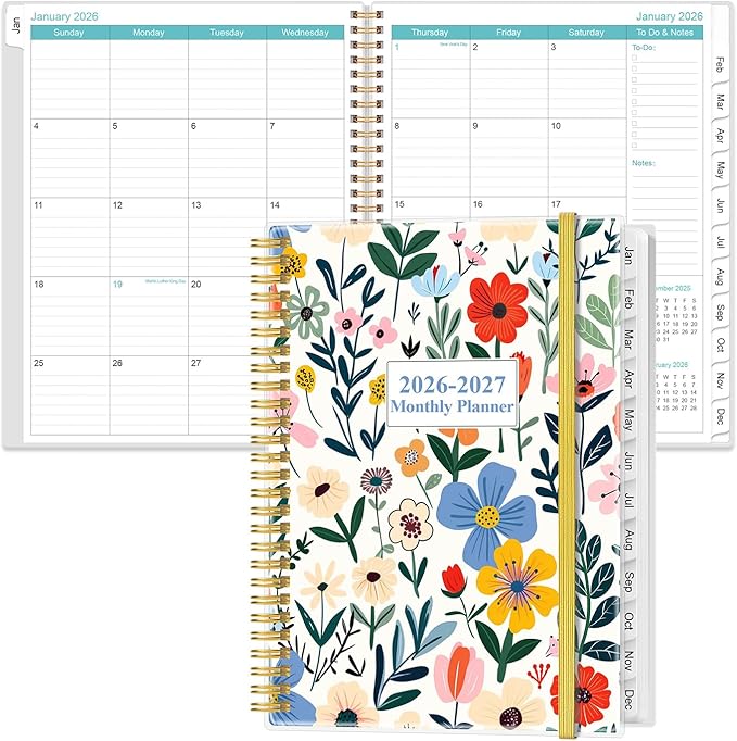2026-2027 Monthly Planner - 18 Monthly Calendar, January 2026 - June 2027, Two Pages Per Month, 9" x11" Planner with Tabs, Strong Twin-Wire Binding, Inner Pocket, Flower-B