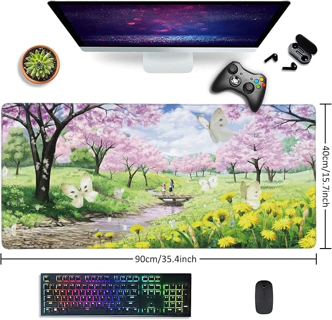 Spring Garden Extended Gaming Mouse Pad Large Desk Mat with Non-Slip Rubber Base and Stitched Edges,Keyboard Mouse Mat Desk Pad for Work,Game,Office,Home 35.4 * 15.7 Inch