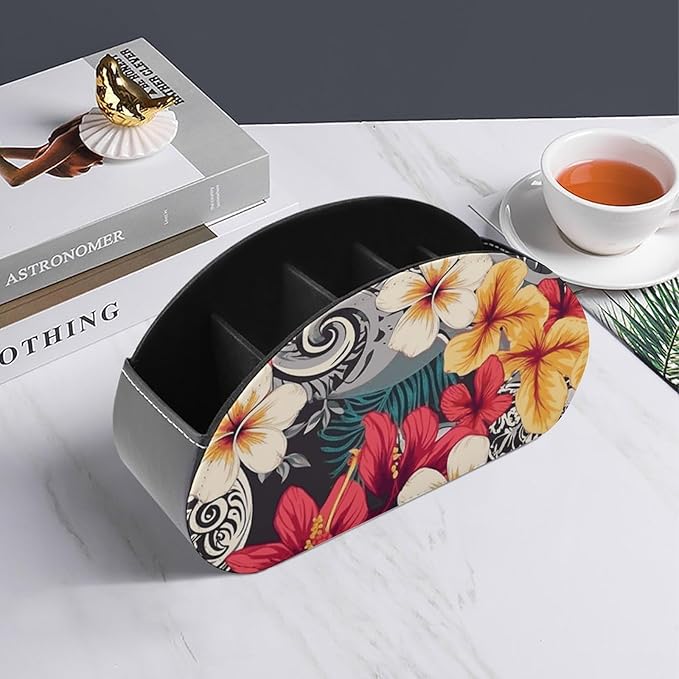 Colorful Hawaiian Pattern Remote Control Holder with 5 Compartment Organizer Box, Leather TV Remote Holder Organizer Caddy for Table, PU Leather Remote Box for Nightstand Office Desk Storage Box