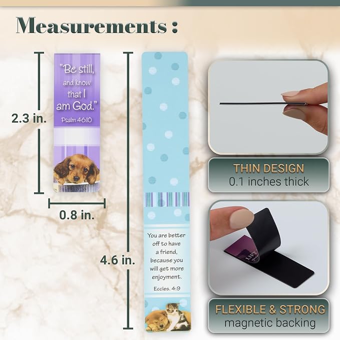 Christian Art Gifts Magnetic Scripture Bookmark Set with Bible Verse: Be Still - Psalm 46:10 Inspirational Puppy-Themed Magnetic Bible Verse Pagemarker Set of 6 for Bibles and Books, Size 2.3" x 0.8"