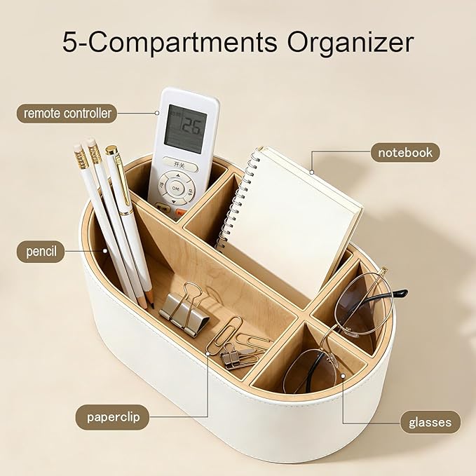 KINGFOM PU Leather Desk Organizer with Multi Compartments, Desktop Caddy Holder for Remote Controls, Pens, Makeup Brushes, Office Accessories (Beige)