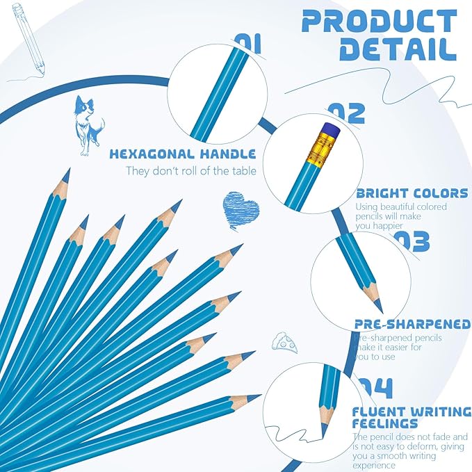 Sivak 100 Pack Checking Pencils with Eraser Erasable Colored Pencils Presharpened Checking Correcting Pencils Grading Pencils for Drawing Art Checking Map Coloring Tests Grading Tests (Blue)