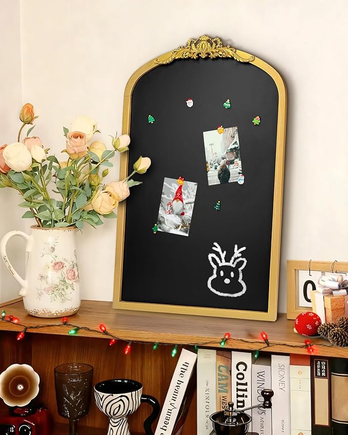 OKYDOKY Arch Chalkboard; 19 x 31 Framed Arched Ornate Vintage Magnetic Chalkboard, Gold Pine Wood Fram, Ideal as a Motivational Vision Board or Wall Organizer