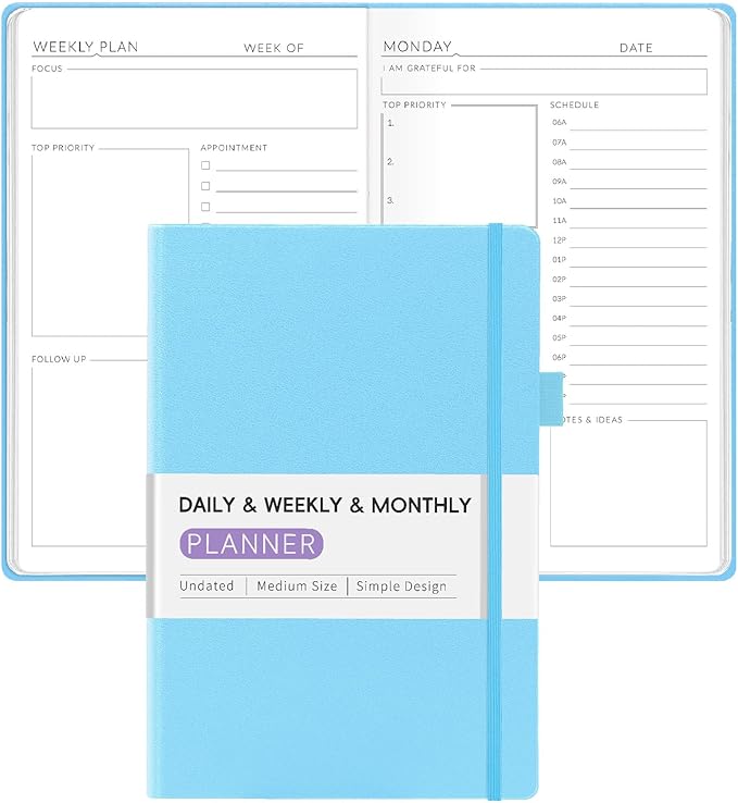 Undated Weekly Planner for 2026, Forvencer Simplified Daily & Weekly & Monthly Calendar Planner, Cute Daily Organizer Notebook, Agenda Journal to Track Goals & Tasks, Start Anytime, A5 Size, Sky Blue