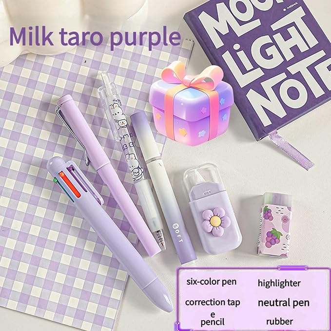 6Pcs Stationeries Set with Retractable Gel Pen Multicolored Pen Eraser Pencil Marker White Out Correction Tape Supplies