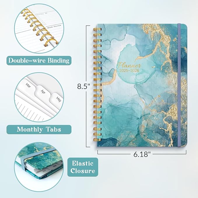 Lonely Oak Academic Planner 2025-2026, Daily Weekly and Monthly Calendar Planner 6.18" x 8.5" with Tabs, Spiral School Year A5 Agenda from JUL.2025 to JUN.2026 for Student and Teacher (Crey Marble)