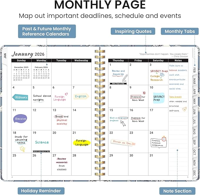 2026 Planner, Weekly and Monthly Calendar Planner for Women, Jan 2026 - Dec 2026, Hardcover Planning Agenda book with Tabs, Spiral Bound, Inner Pocket, Perfect for School Office Supplies, 6.3" x 8.5" - Butterfly Peony