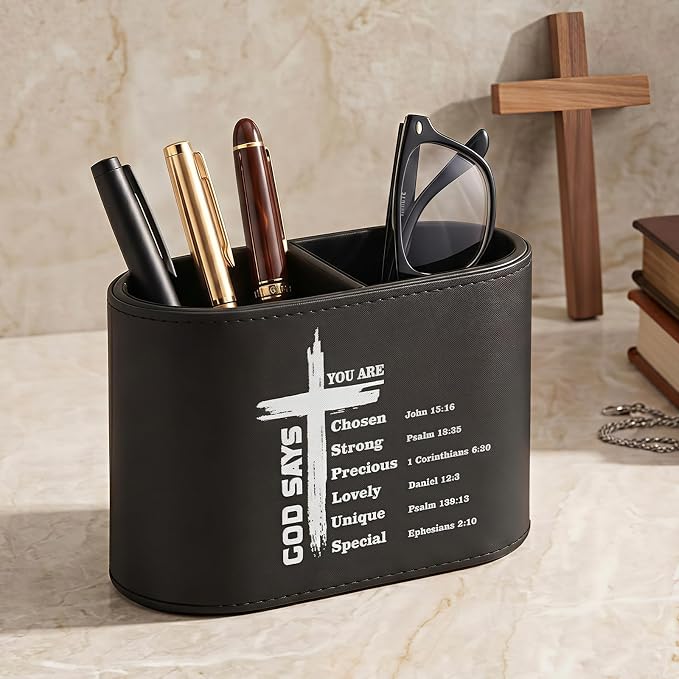 Dunzoom Gift for Father's Day Christian PU Leather Pen Holder for Desk, Bible Verse Pencil Cup Organizer, Religious Gift for Men, Pastor, Dad, Office Decor(God Says You Are Chosen)