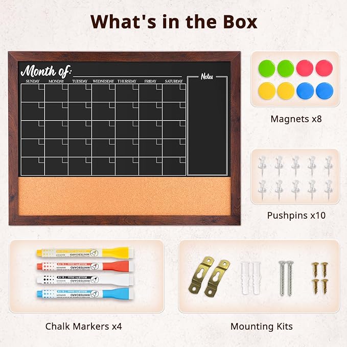 4 THOUGHT Chalkboard Calendar Corkboard Combo, 24" x 18" Bulletin Board Magnetic Calendar Chalkboard for Wall Monthly Planner Combination Board Rustic Brown Frame 4 Markers 8 Magnets 10 Pushpins