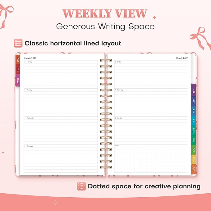 2026 Planner Weekly and Monthly, Jan.2026 - Dec.2026, Hardcover Calendar 2026 Agenda Daily Planner Book Spiral Notebook with Monthly Tabs, 7.4" x 10.2", Pink Bow