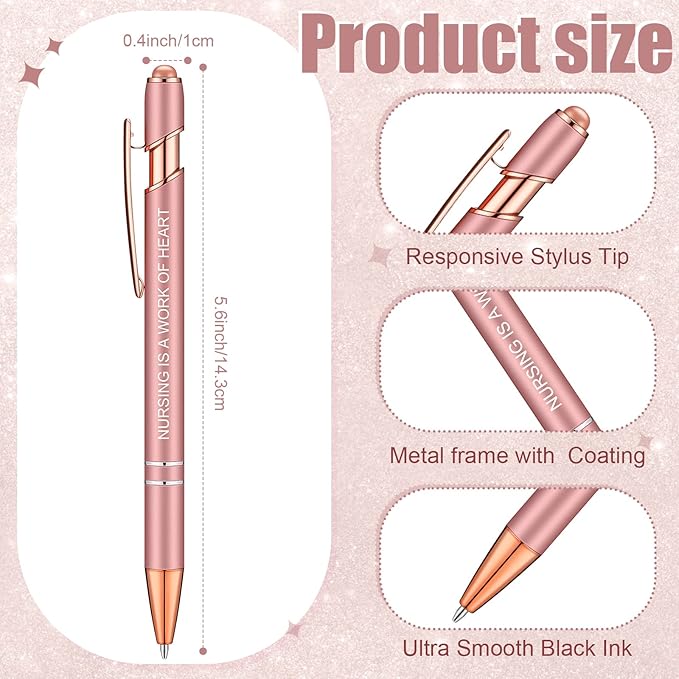 Zonon 12 Pcs Inspirational Pens Gift Set Funny Ballpoint Pen with Stylus Tip Motivational Graduation Gifts Bulk for Teacher Coworkers Nurse School Office Supplies(Rose Gold,Nurse Style)
