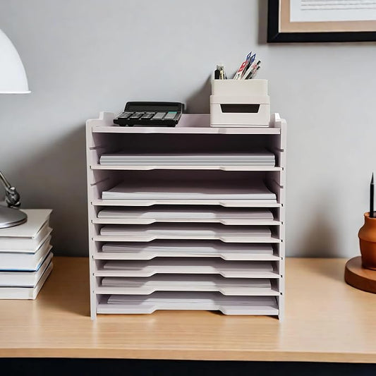 A4 Wooden Desk Letter Tray, Paper Organizer Storage with Adjustable Shelves, Stackable File Sorter for Notes, Pens, File Paper and Desk (A4&Landscape-8tray(with 7 Adjustable Shelves))
